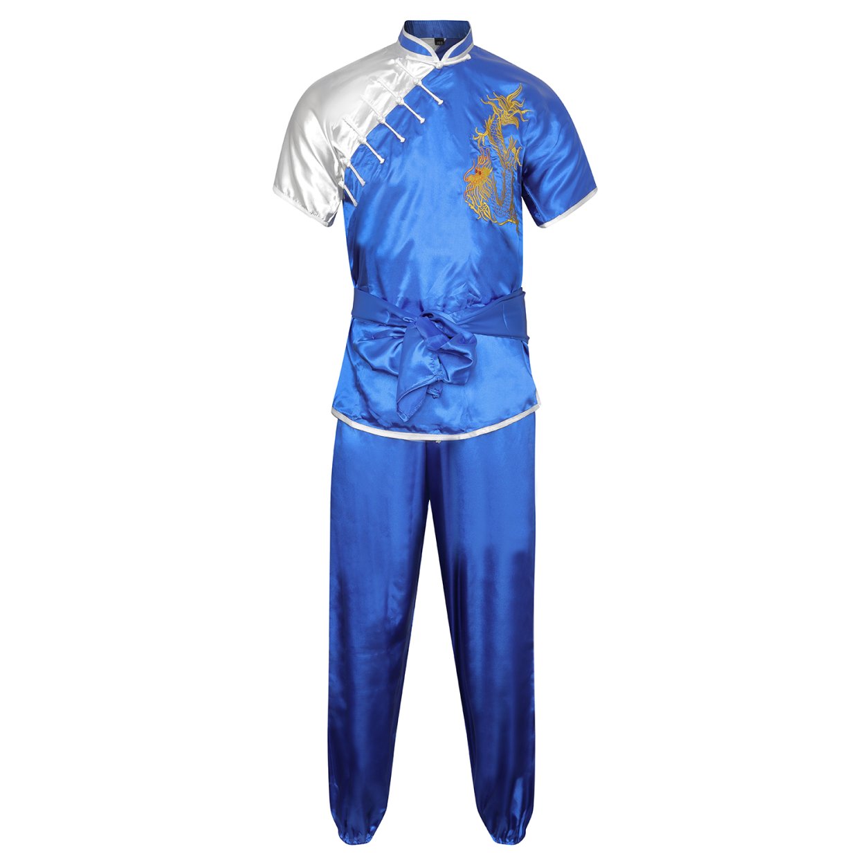 Competition Wushu Silk Uniform - White/Blue - Click Image to Close