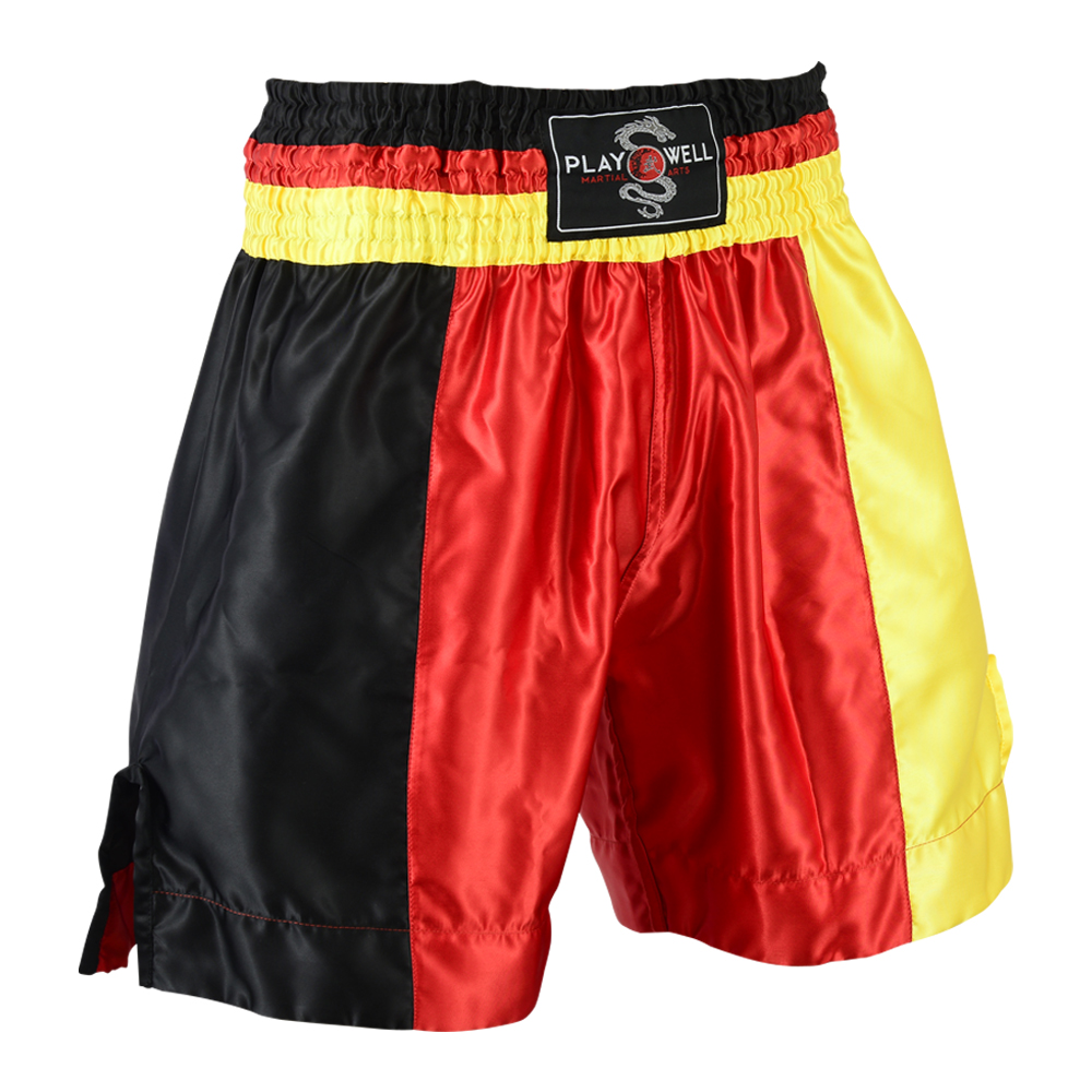 Boxing Competition Satin Training Shorts - Black/Yellow - Click Image to Close