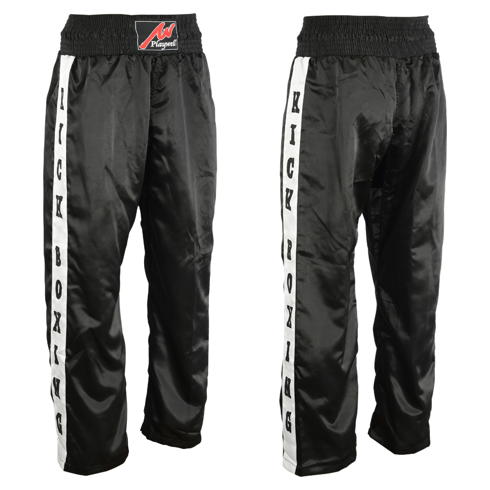 Full Contact Trousers - Black/ White Kickboxing Patches - Click Image to Close