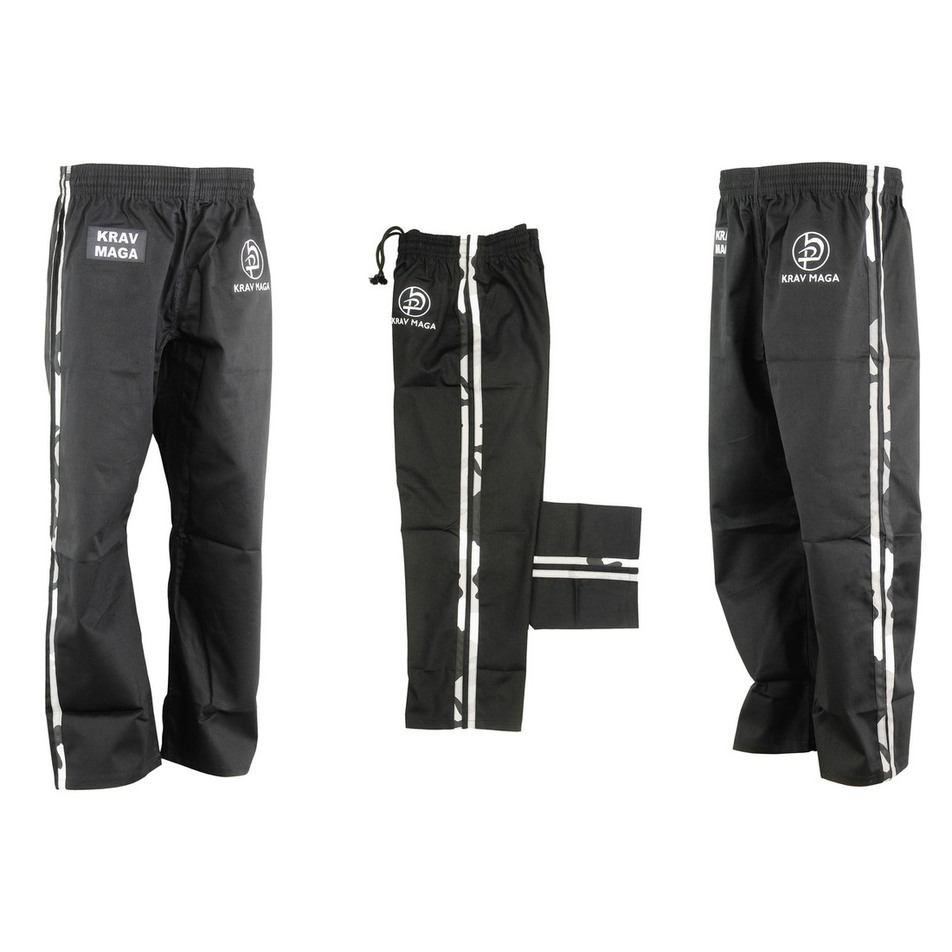 Krav Maga Combat Trousers - Black W/ 2 Camo Stripes Cotton - Click Image to Close