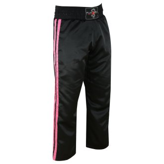 Ladies Black Satin Kickboxing Trouser - With 2 Pink Stripes