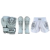 Twin Tigers Muay Thai Boxing Gloves, Shin Pads & Shorts - White