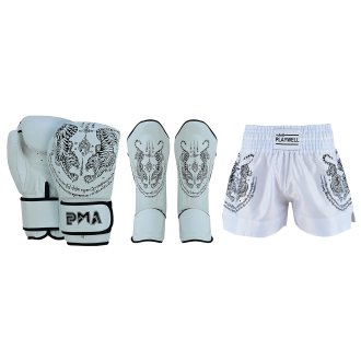 Twin Tigers Muay Thai Boxing Gloves, Shin Pads & Shorts - White