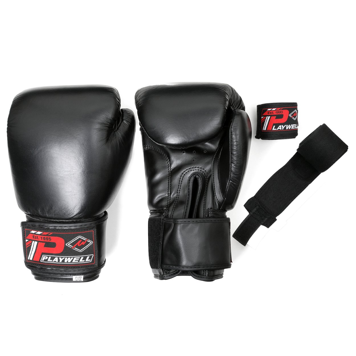 Boxing Gloves Leather - With Free Boxing Wraps - Black - Click Image to Close
