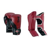 PMA Leather Muay Thai Boxing Gloves & Shin Pads Set - Maroon/Bla