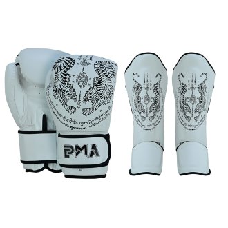PMA Twin Tigers Muay Thai Boxing Gloves & Shin Pads Set - White