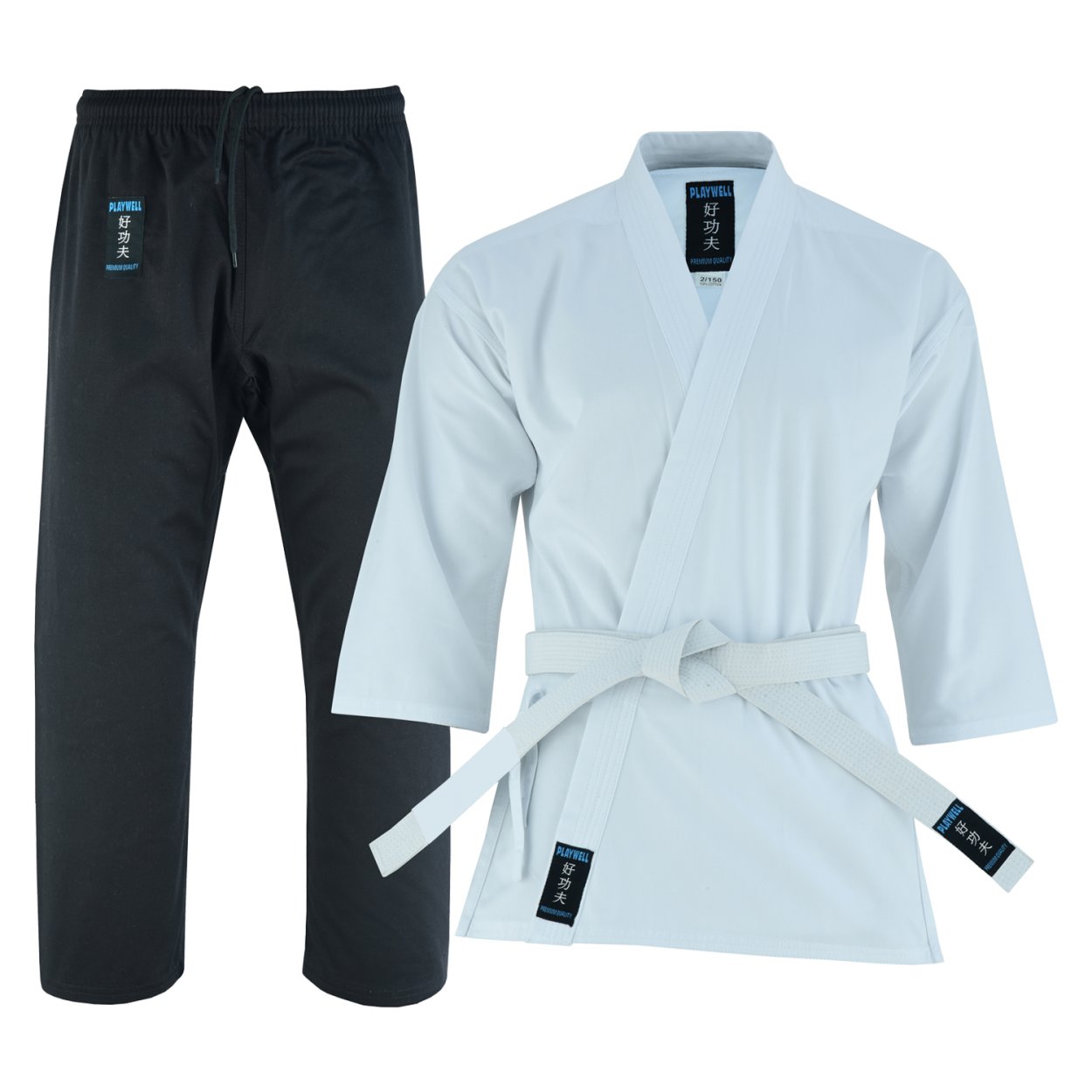 Karate Uniform Mixed Childrens: White / Black Trousers - 9oz - Click Image to Close