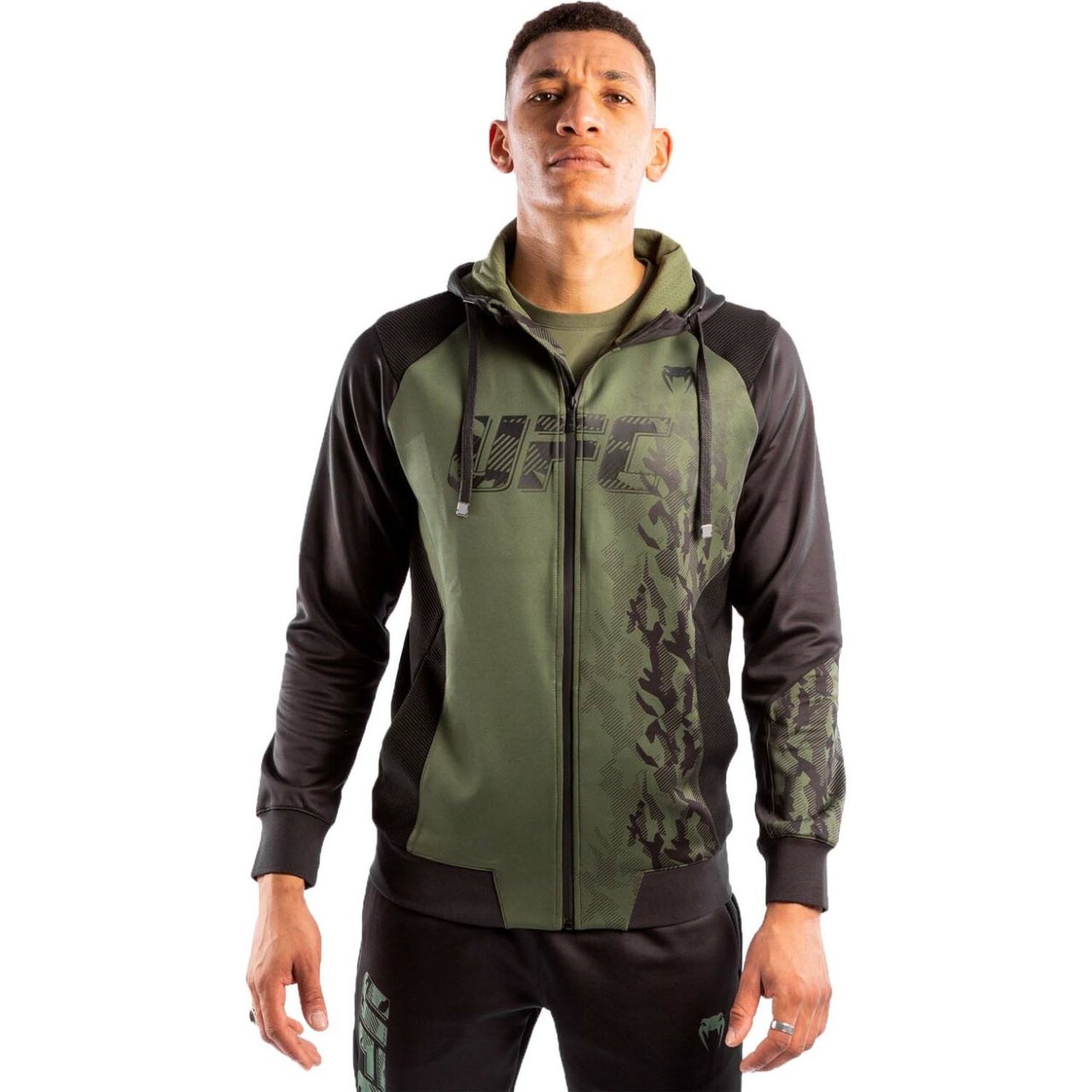 Venum x UFC Authentic Fight Week Polyester Hoodie - Black/Khaki - Click Image to Close