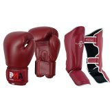 PMA Leather Muay Thai Boxing Gloves & Shin Pads Set - Maroon