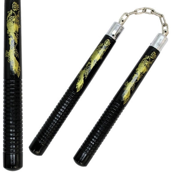 NR-060: Nunchaku Black Wood Gold/Dragon - Click Image to Close