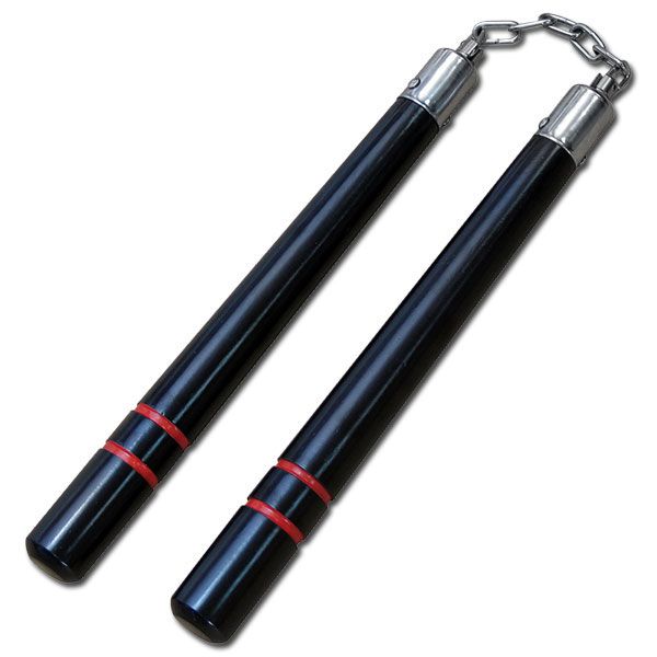 Nunchacku Black Oak W/ 2 Red Stripes - 8\"