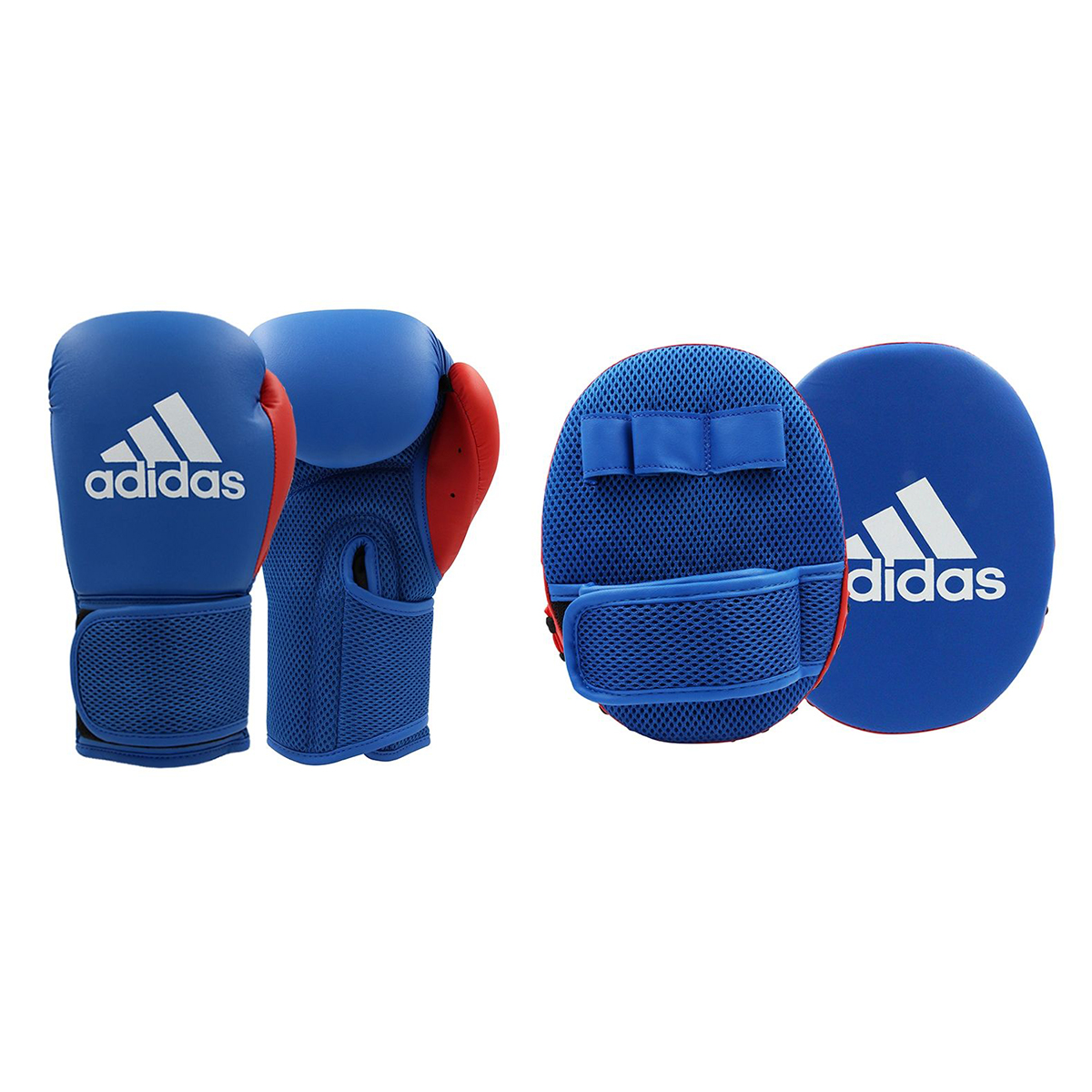 Adidas Kids Blue 6oz Mesh Boxing Gloves & Focus Mitts Set - Click Image to Close