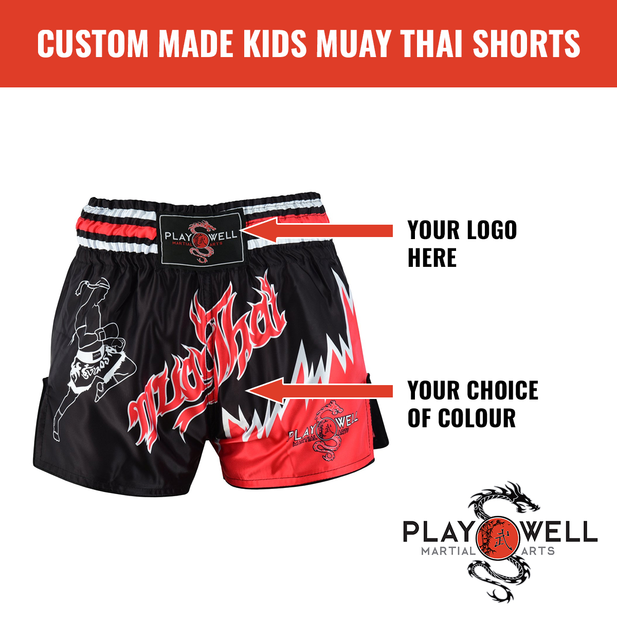 Custom Made Martial Arts Kids Muay ThaiShorts - Your Logo - Click Image to Close