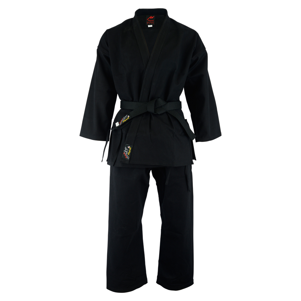 Adults Karate Deluxe Silver Brand Suit - Black 10oz - Click Image to Close