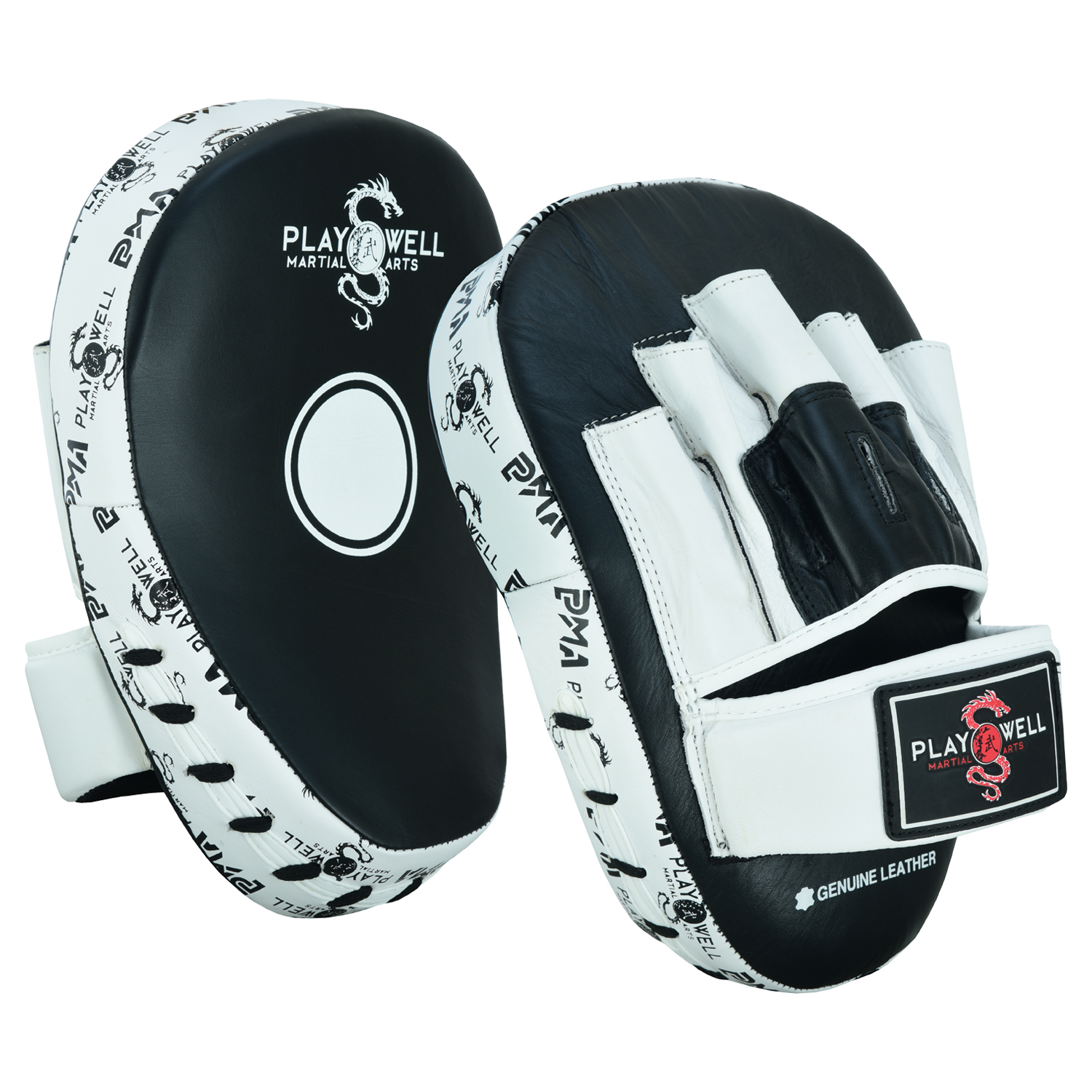 Playwell Elite Light Curved Leather "Logos" Boxing Focus Pads - Click Image to Close