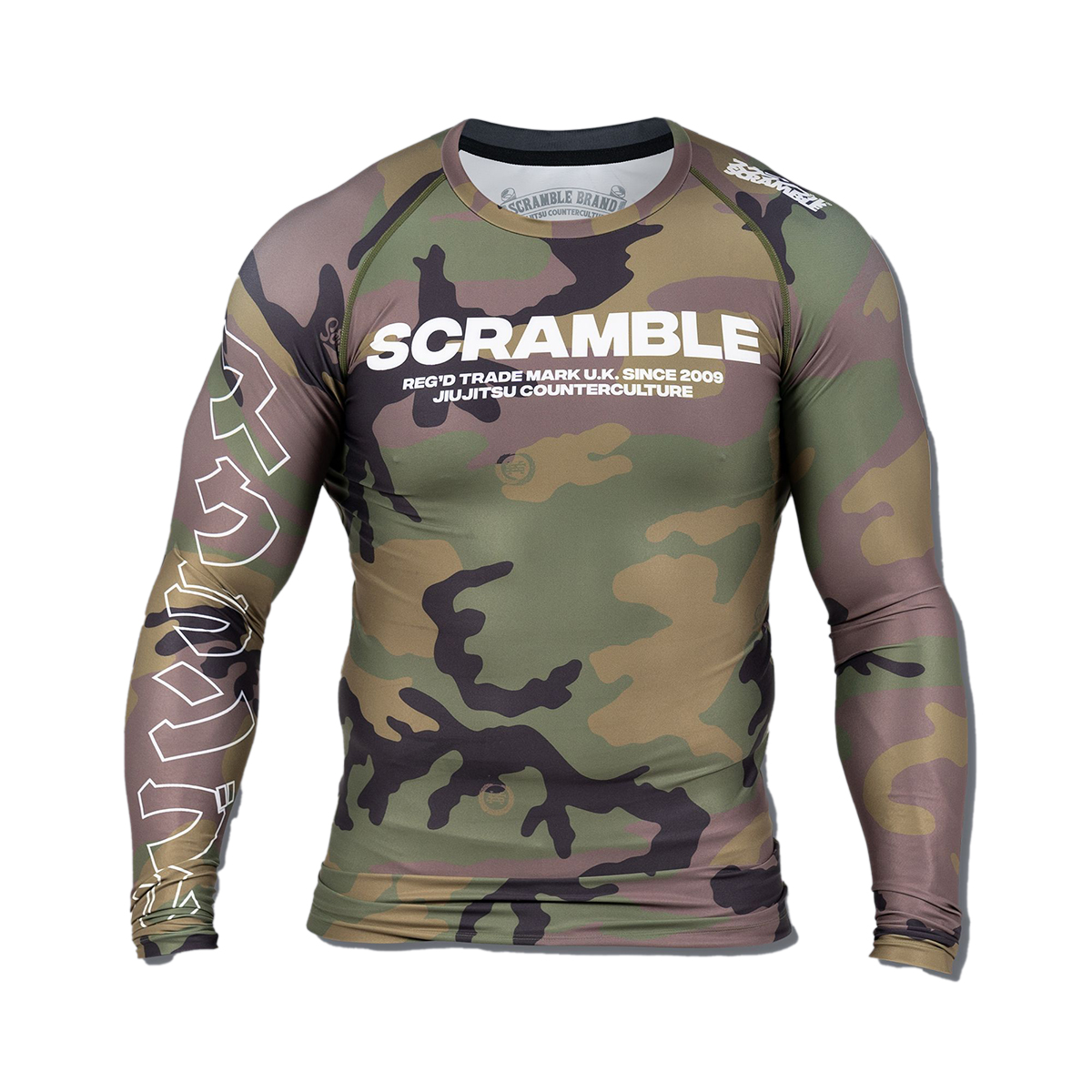 Scramble Base Woodland Camo Long Sleeve Rash Guard - Click Image to Close