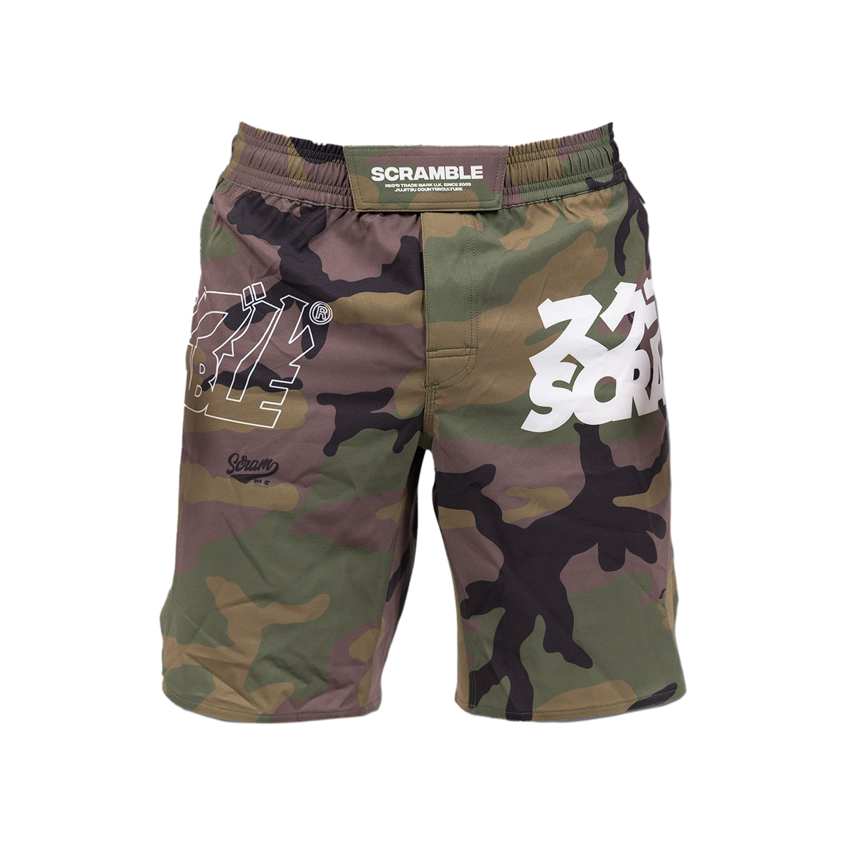 Scramble Base Woodland Camo Grappling Fight Shorts - Click Image to Close