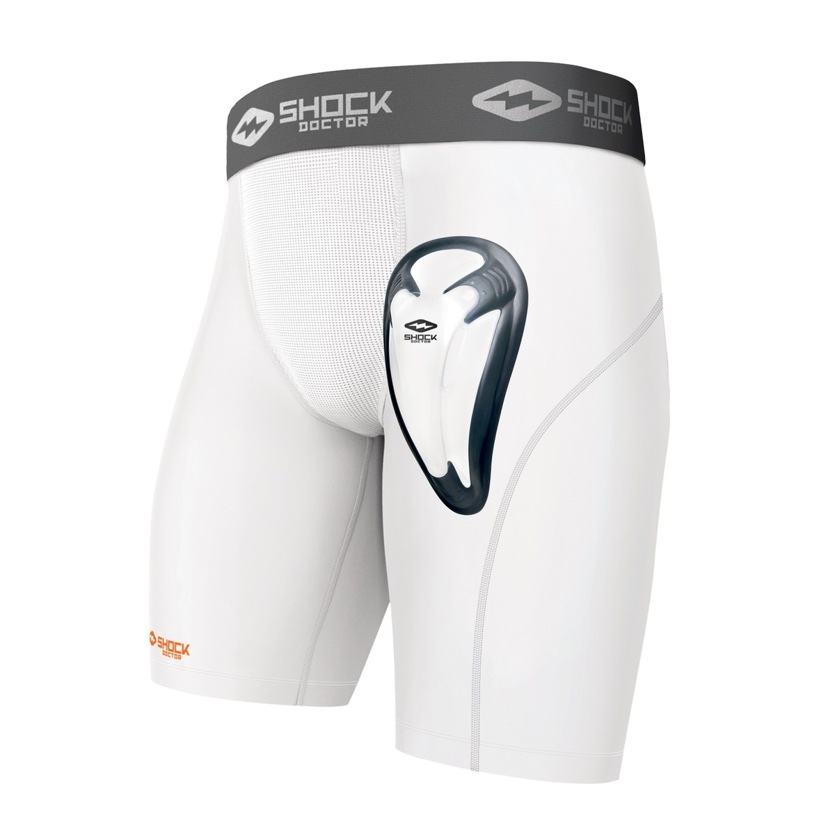 Shock Doctor Mens White Compression Shorts W/ Cup - Click Image to Close