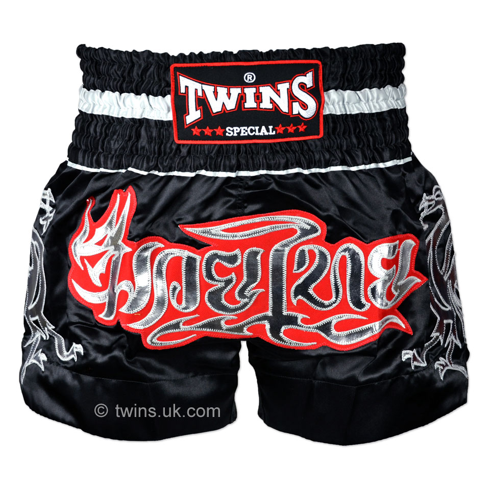 Twins TWS-153 Muay Thai Shorts - Black/Silver - Click Image to Close