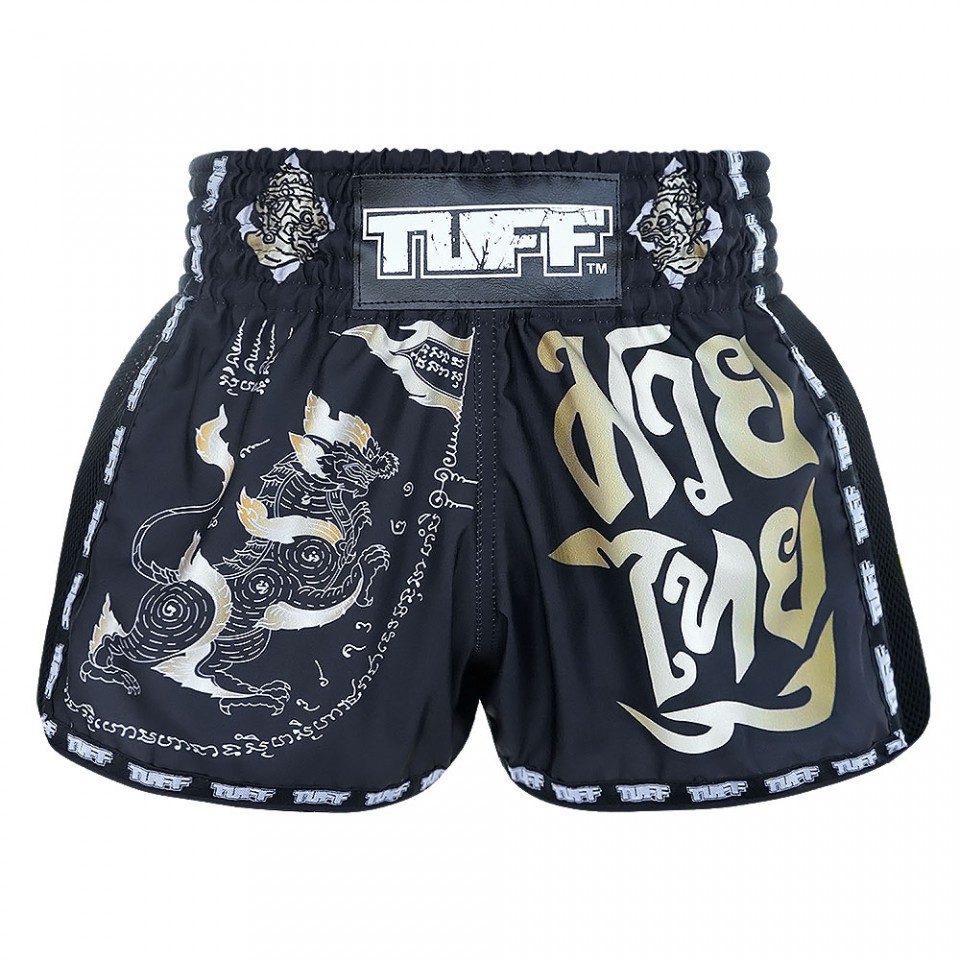 TUFF Retro Black Singha Yantra War Flag Muay Thai Shorts - Click Image to Close