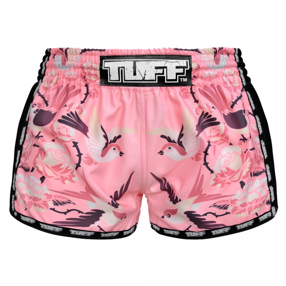 TUFF Retro Ladies Pink Birds With Roses Muay Thai Shorts - Click Image to Close