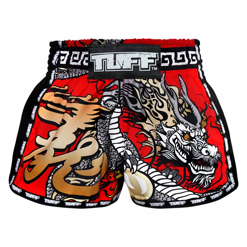 TUFF Retro Red Chinese Dragon Muay Thai Shorts - Click Image to Close