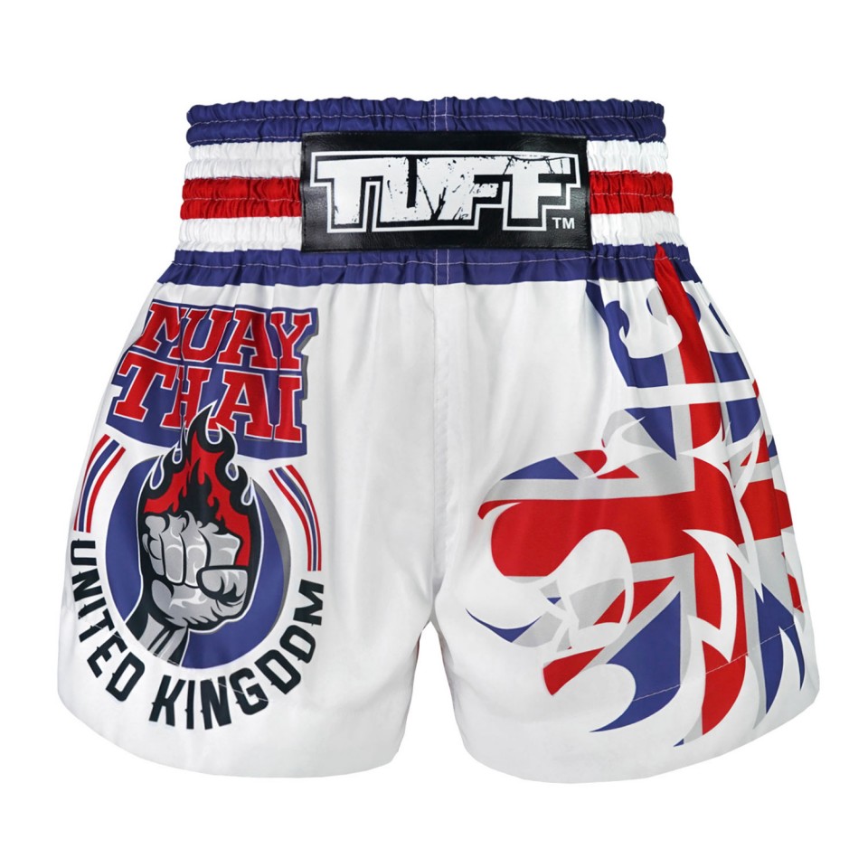 TUFF Traditional King Of Beasts UK Flag Muay Thai Shorts - White - Click Image to Close