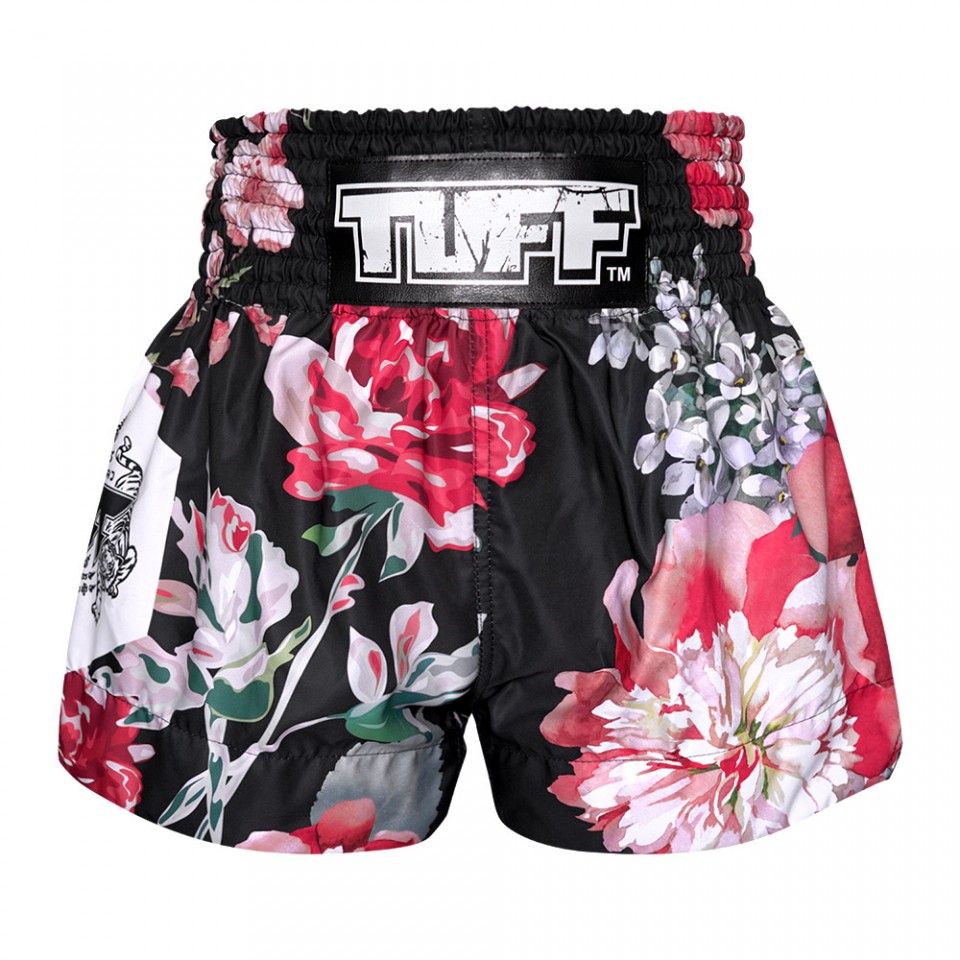 TUFF Traditional Ladies Wild Thorns Muay Thai Shorts - Black - Click Image to Close