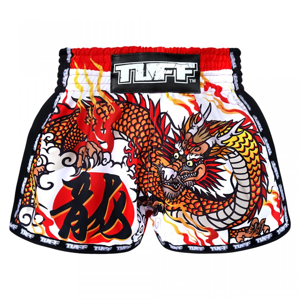 TUFF Retro White Chinese Dragon Muay Thai Shorts - Click Image to Close