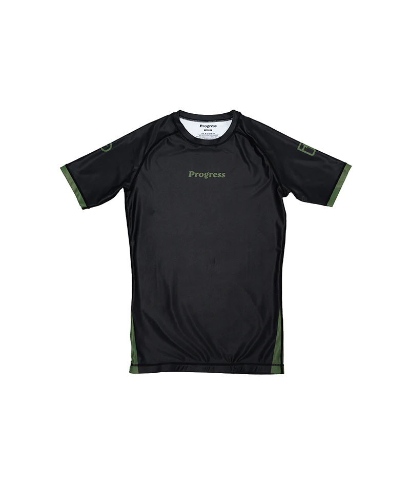 Progress Jiu Jitsu Academy Plus No Gi Rash Guard - Black/Green - Click Image to Close