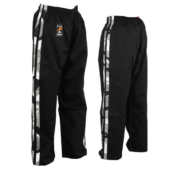 Full Contact Trousers - Black W/ 2 Camo Stripes Cotton - Click Image to Close