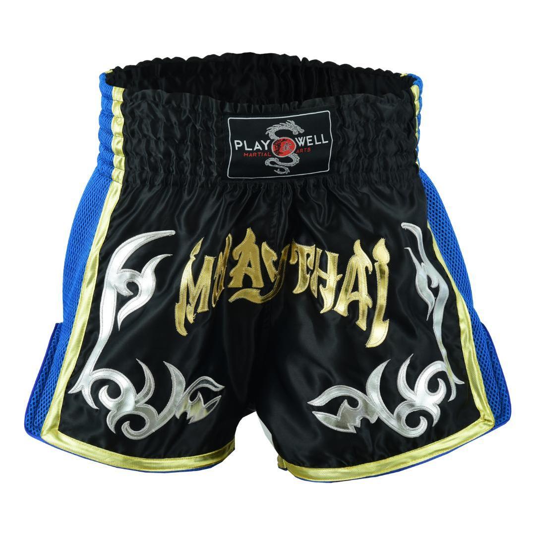 Muay Thai Competition Mesh Tribal Fight shorts - Black/Blue - Click Image to Close