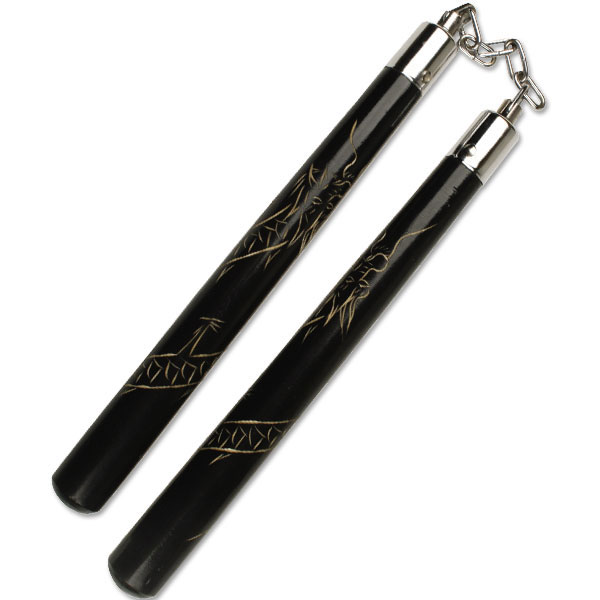 Deluxe Black Oak Carved Dragon Nunchucks B.B - C118 - Click Image to Close