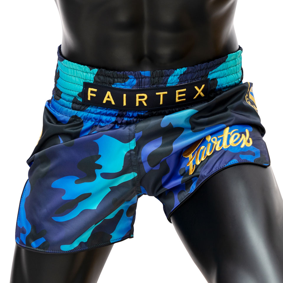 Fairtex Slim Cut Muay Thai Fight Shorts - Blue Camo - Click Image to Close