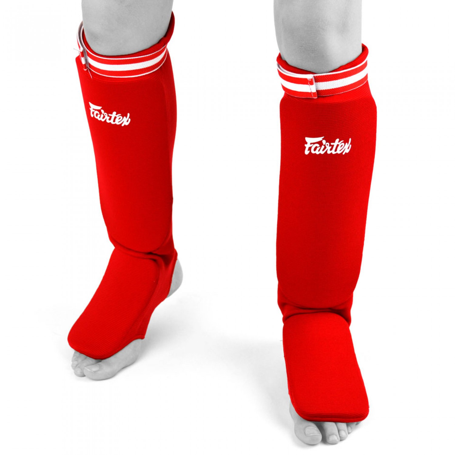 Fairtex Competition Muay Thai Elastic Shin Pads - Red - Click Image to Close
