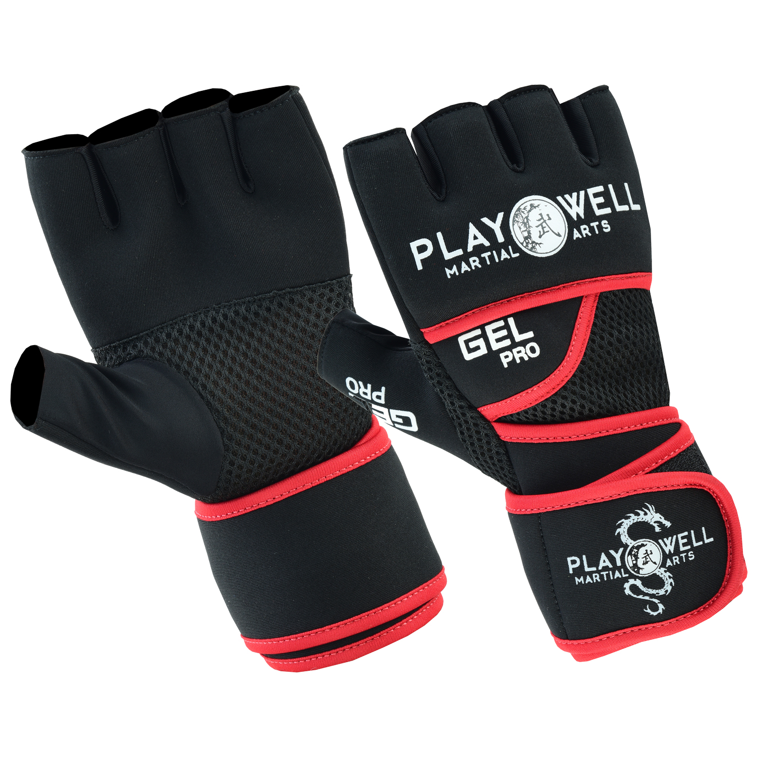 Playwell Elite Pro Gel Hand Wrap Inner Gloves - Black/Red - Click Image to Close