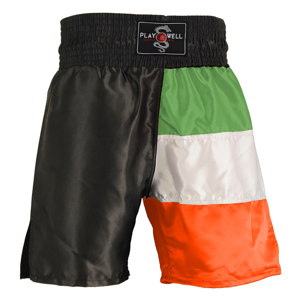 Boxing Competition Black Satin Shorts - Ireland Flag Series - Click Image to Close