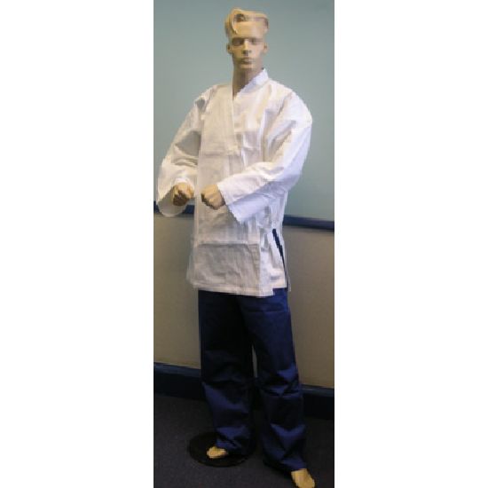 Karate Uniform: White Jacket / Blue Trousers - Click Image to Close