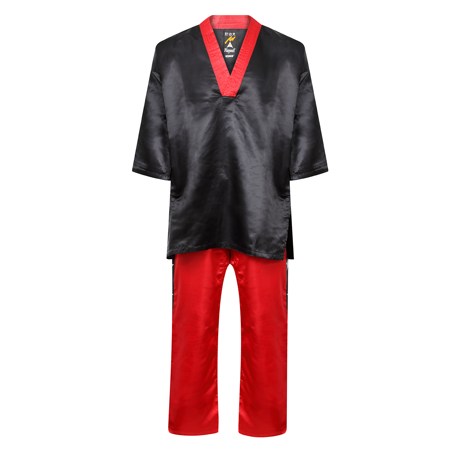 Competition Kickboxing Satin Uniform - Black/Red - Click Image to Close