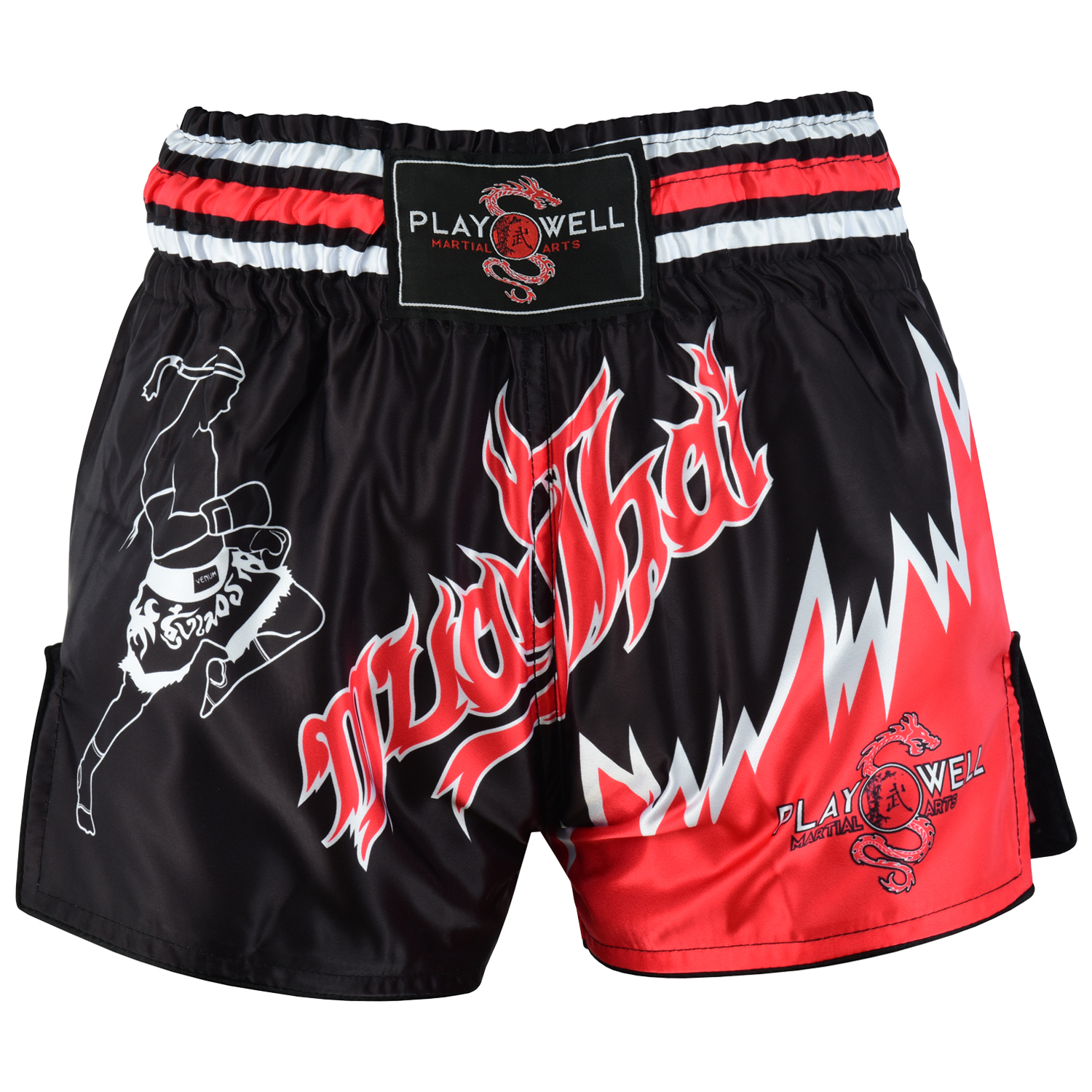Kids Competition Muay Thai Shorts - Black/Red - Click Image to Close