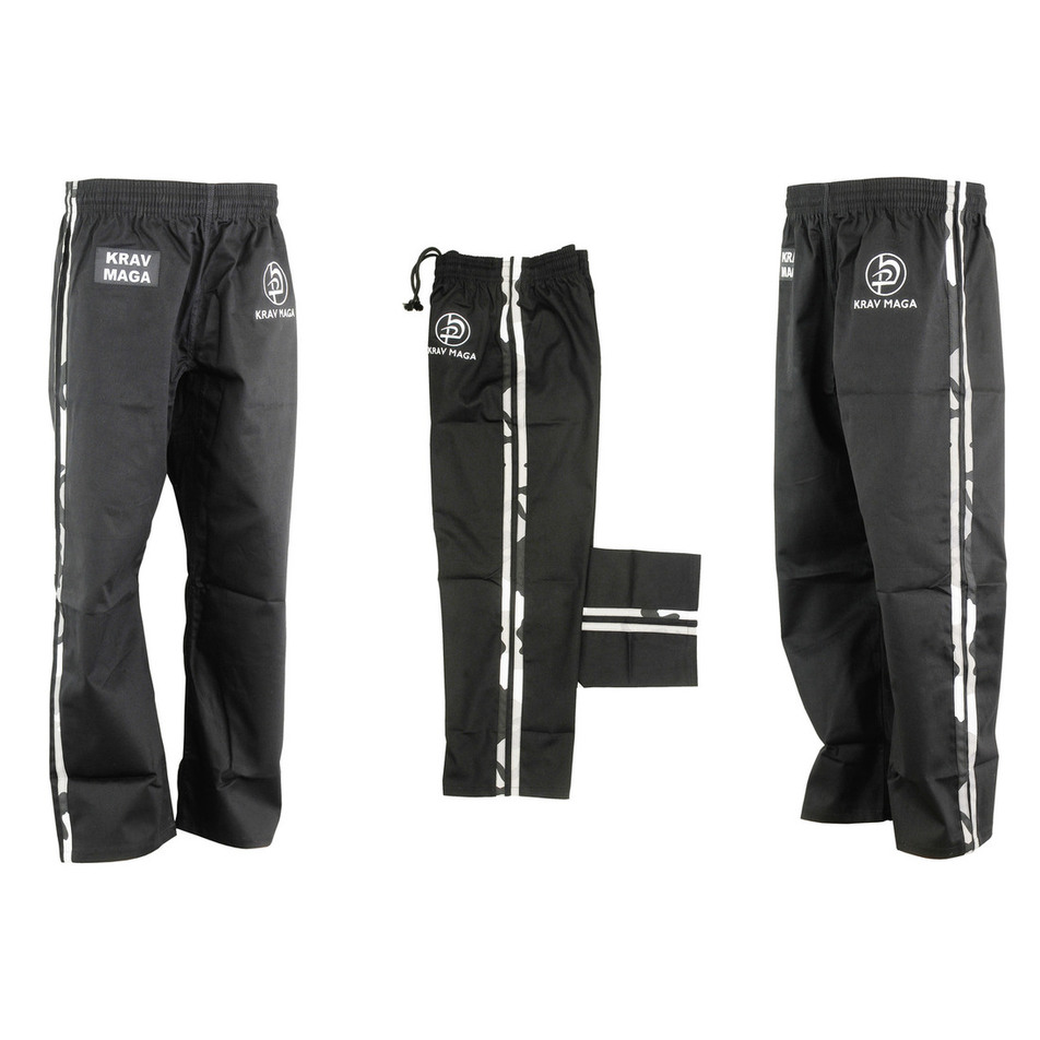 Krav Maga Kids Combat Trousers - Black W/ 2 Camo Stripes Cotton - Click Image to Close