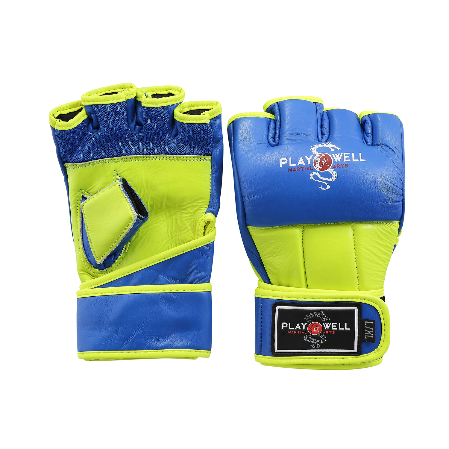 Playwell Ultimate Leather MMA Gloves - Blue/ Neon Yellow - Click Image to Close