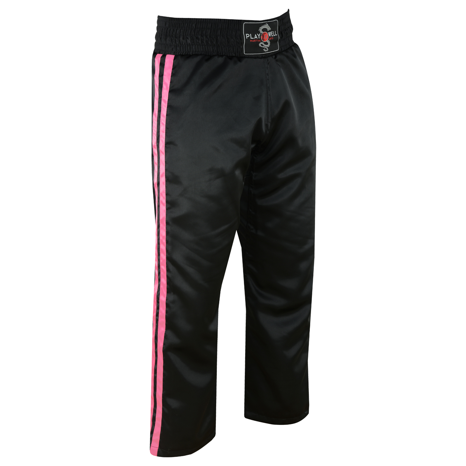 Ladies Black Satin Kickboxing Trouser - With 2 Pink Stripes - Click Image to Close