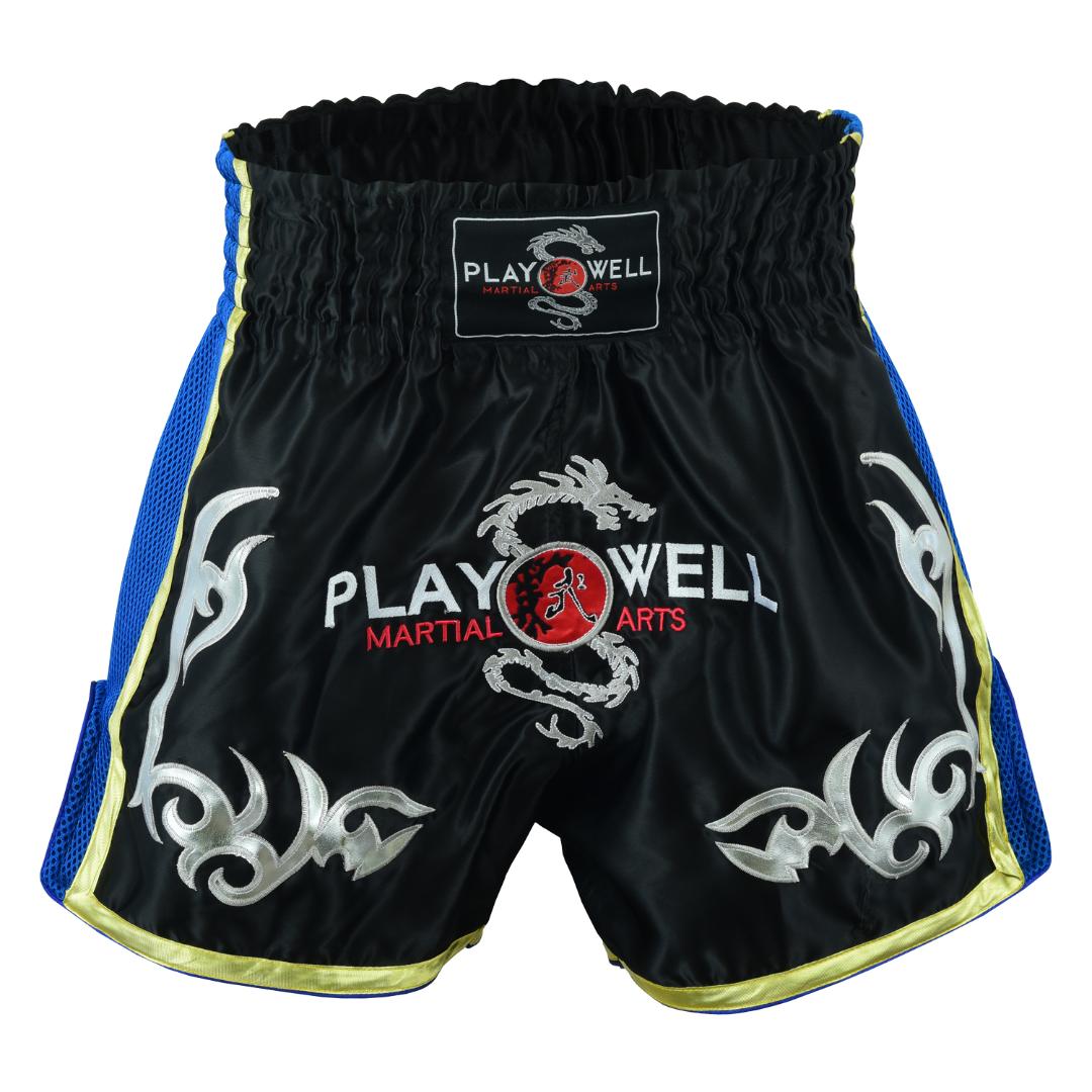 Muay Thai Competition Playwell Fight shorts - Black/Blue - Click Image to Close