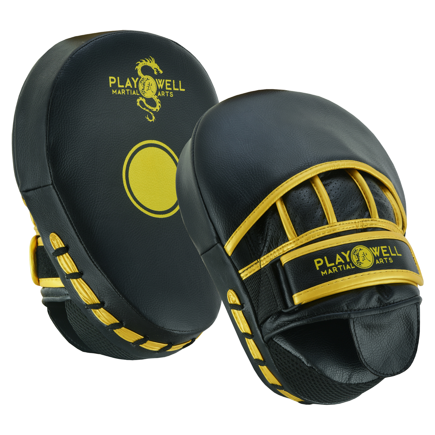 Playwell Rexine Leather Curved Target Focus Pads - Black/Gold - Click Image to Close