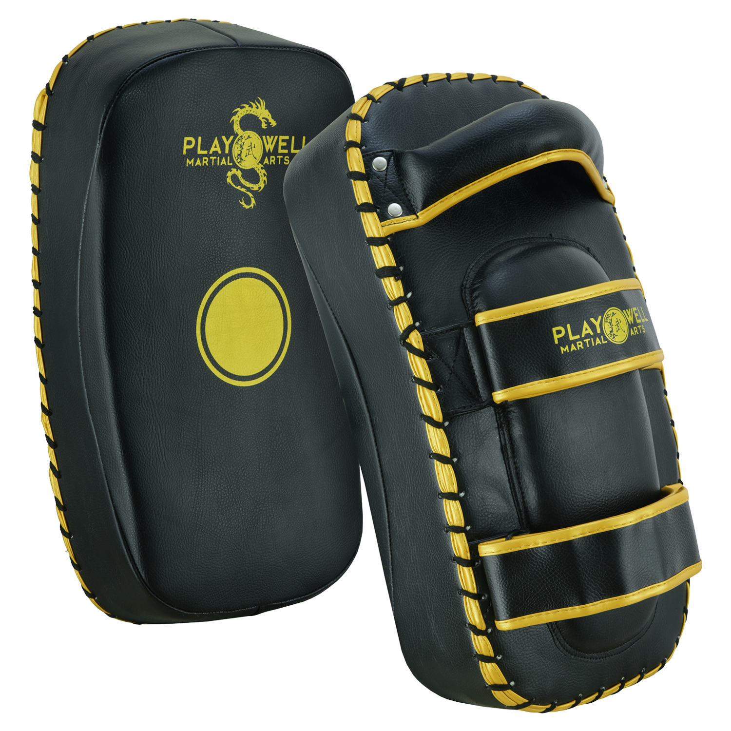 Playwell "Rexine Leather" Curved Target Thai Pad - Black/Gold - Click Image to Close
