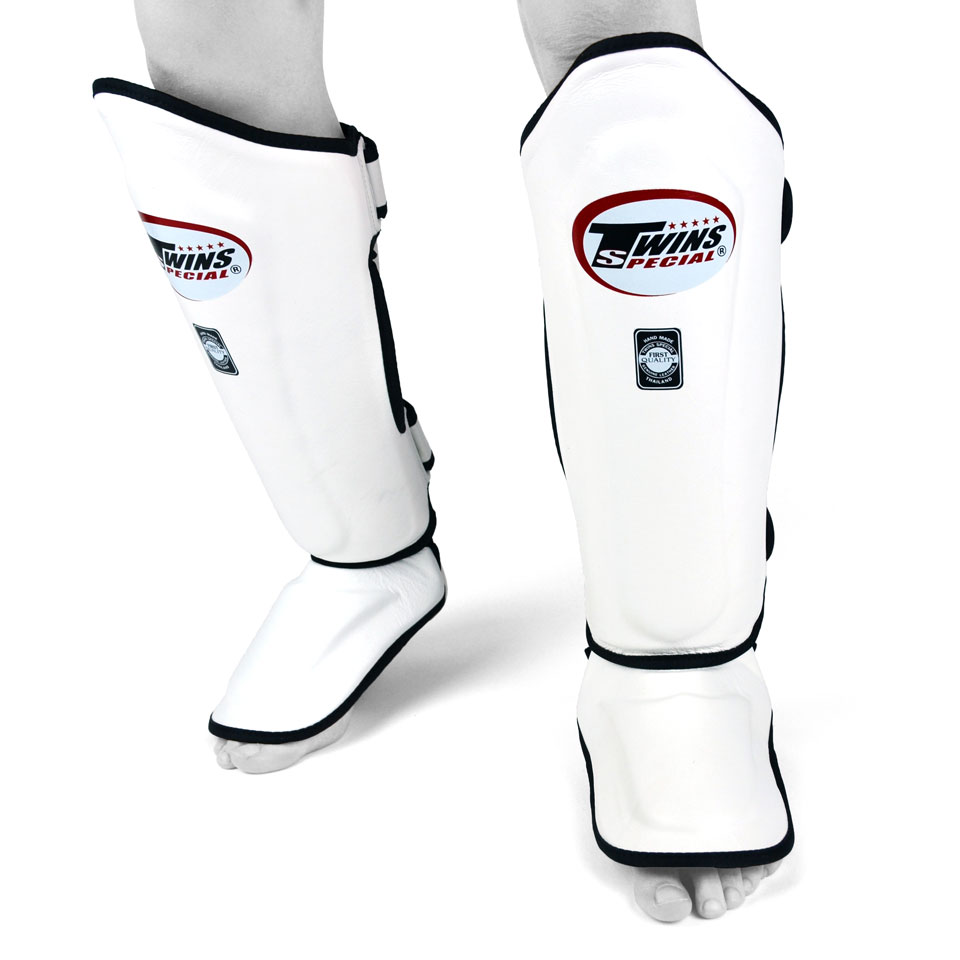 Twins SGL10 White Double Padded Leather Shin Guards - Click Image to Close
