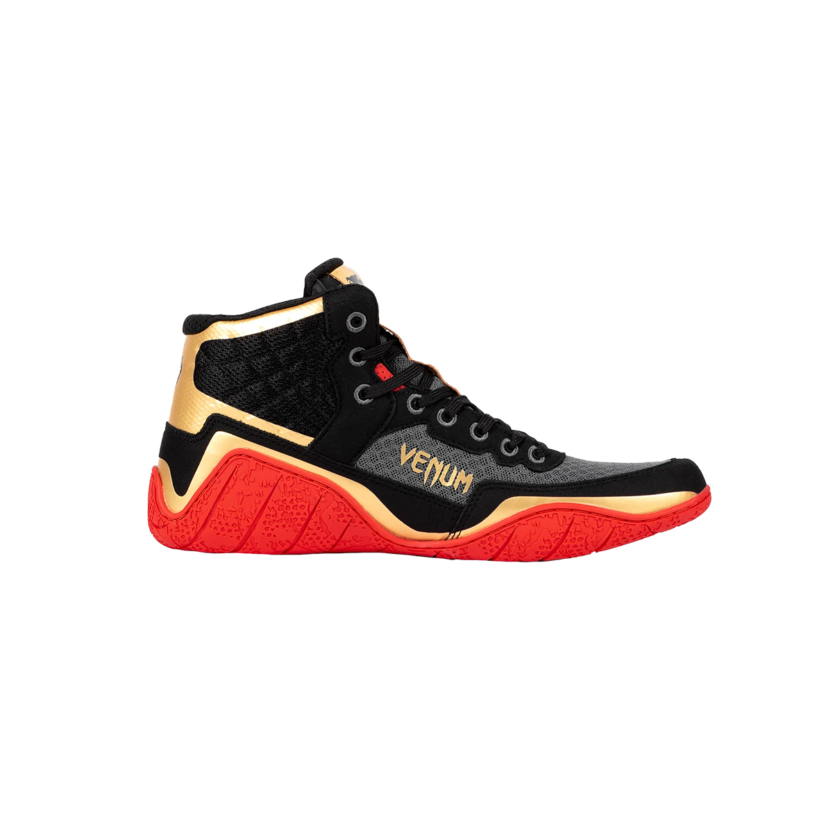 Venum Elite Premium Wrestling Shoes - Black/Gold/Red - Click Image to Close