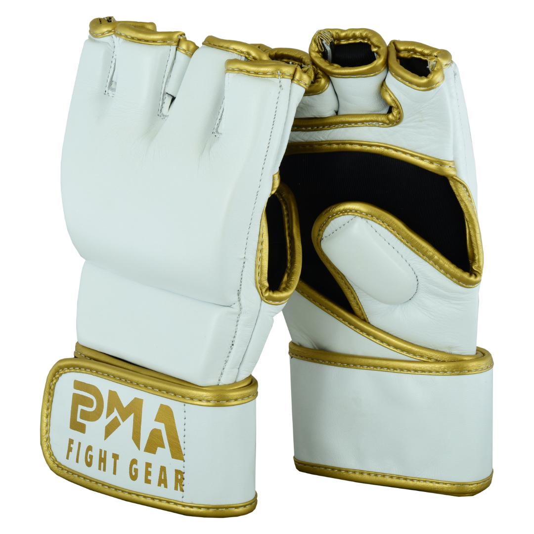 MMA Leather Elite White/Gold Grappling Fight Gloves - Click Image to Close