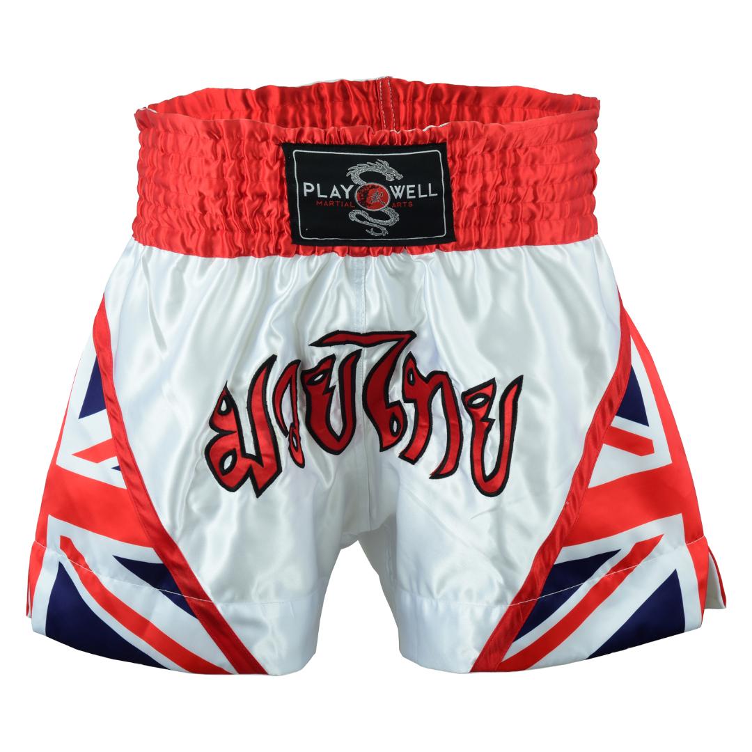 Muay Thai Competition White Fight shorts - Uk Flag - Click Image to Close